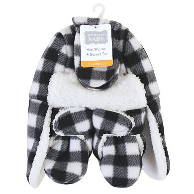 Hudson Baby Unisex Baby Trapper Hat, Mitten and Bootie Set, Black White Plaid
