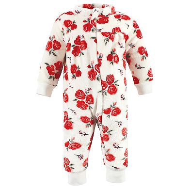 Hudson Baby Infant Girl Plush Jumpsuits, Red Rose Leopard