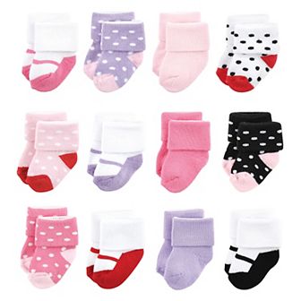 Luvable Friends Baby Girl Newborn and Baby Terry Socks, Coral Lilac Mary Janes 12-Pack