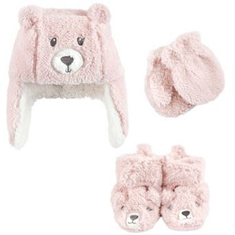 Hudson Baby Infant Girl Trapper Hat, Mitten and Bootie Set, Pink Bear