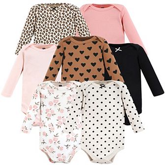 Hudson Baby Infant Girl Cotton Long-Sleeve Bodysuits, Cinnamon Pink Prints 7-Pack