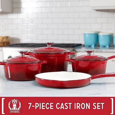 Basque Enameled Cast Iron Cookware Set, 7-piece Set, Nonstick, Oversized Handles, Oven Safe;