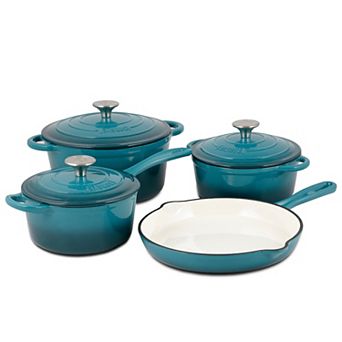 Basque Enameled Cast Iron Cookware Set, 7 pc Set, Nonstick, Oversized Handles, Oven Safe
