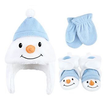 Hudson Baby Infant Boy Trapper Hat, Mitten and Bootie Set, Snowman