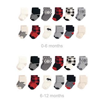 Infant Boy Grow with Me Cotton Terry Socks, Buffalo Plaid Moose, 0-6 and 6-12 Months