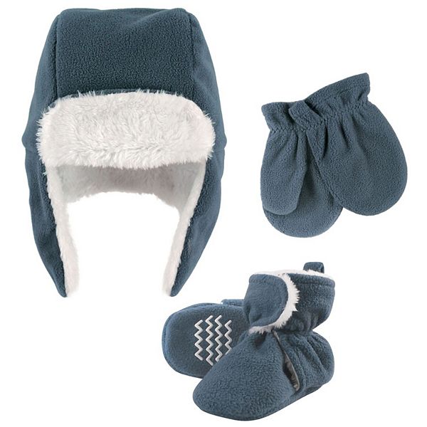 Hudson Baby Infant Boy Trapper Hat, Mitten and Bootie Set, Blue