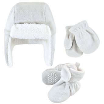 Hudson Baby Unisex Baby and Toddler Trapper Hat, Mitten and Bootie Set, Light Gray