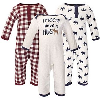 Little Treasure Baby Boy Cotton Coveralls 3 pk Moose Hug, 0-3 Months