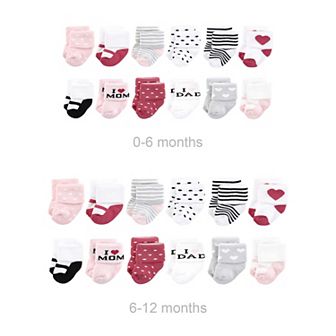 Infant Girl Grow with Me Cotton Terry Socks, Mom Dad Girl Pink Black, 0-6 and 6-12 Months