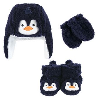 Hudson Baby Infant Boy Trapper Hat, Mitten and Bootie Set, Navy Penguin