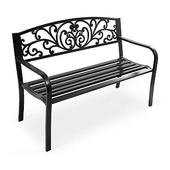 Outdoor Metal Patio Bench Steel Frame Cast Iron Scroll Backrest Two Person for Garden Patio Porch