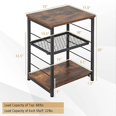 3-Tier Industrial Side Table with Adjustable Mesh Shelf-Rustic Brown