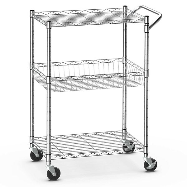 3Tier Rolling Utility Cart with Handle Bar and Adjustable Shelves