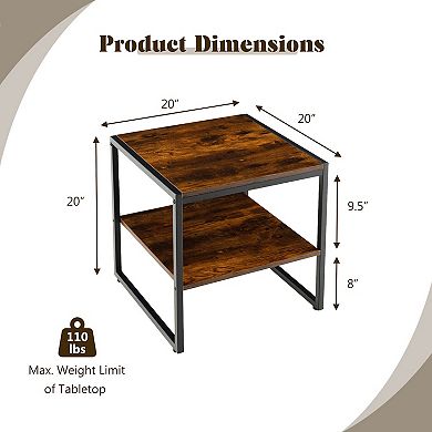 2 Pieces 2-Tier 20 Inch Square End Side Table for Living Room Bedroom-Rustic Brown