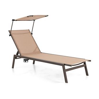Patio Chaise Lounge Chair Outdoor Recliner with Sun Shade and Hidden Cup Holder 6 Position Backrest