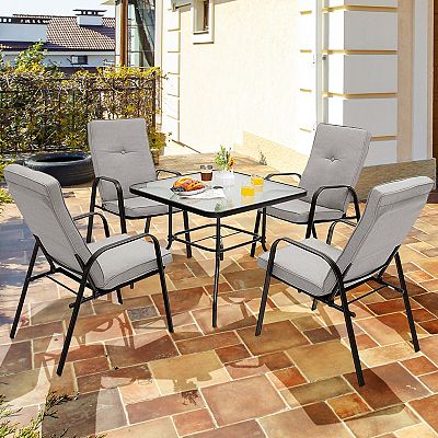 4 Patio Dining Stackable Chairs Set with High Back Cushions