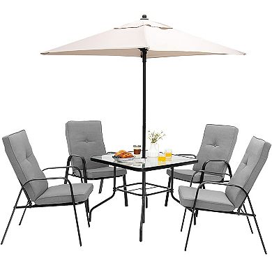 6 Pieces Patio Dining Set with Umbrella and Stackable Cushioned Chairs