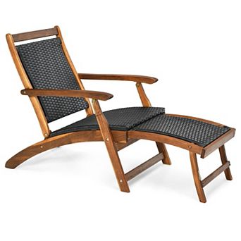 Patio Folding Chair with Retractable Footrest PE Rattan Seat Acacia Wood Backyard Lounge Chair