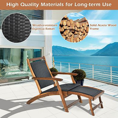 Patio Folding Rattan Lounge Chair Wooden Frame with Retractable Footrest