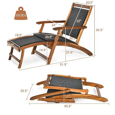 Patio Folding Rattan Lounge Chair Wooden Frame with Retractable Footrest