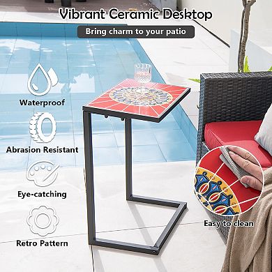 C-shaped Waterproof Outdoor Side End Table with Ceramic Top