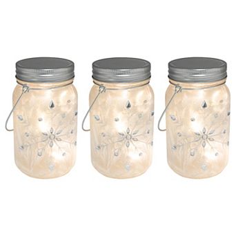 LumaBase Battery Operated Silver Snowflake Mason Jar Lights 3 pc Set