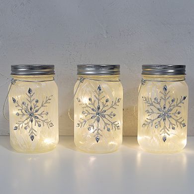 LumaBase Battery Operated Silver Snowflake Mason Jar Lights 3-Piece Set