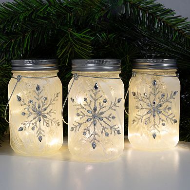 LumaBase Battery Operated Silver Snowflake Mason Jar Lights 3-Piece Set