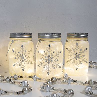LumaBase Battery Operated Silver Snowflake Mason Jar Lights 3-Piece Set