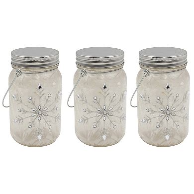 LumaBase Battery Operated Silver Snowflake Mason Jar Lights 3-Piece Set