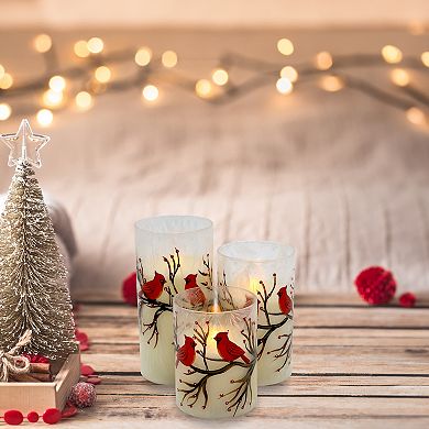 LumaBase Battery Operated LED Red Cardinals Hurricane Candles Set of 3