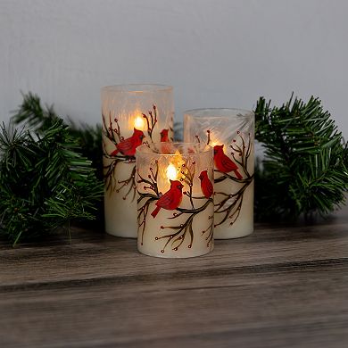 LumaBase Battery Operated LED Red Cardinals Hurricane Candles Set of 3