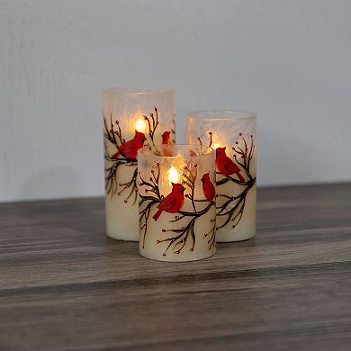 LumaBase Battery Operated LED Red Cardinals Hurricane Candles Set of 3