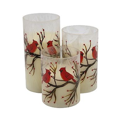 LumaBase Battery Operated LED Red Cardinals Hurricane Candles Set of 3