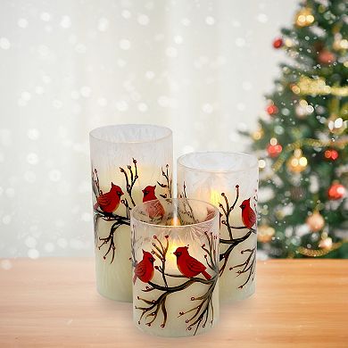 LumaBase Battery Operated LED Red Cardinals Hurricane Candles Set of 3