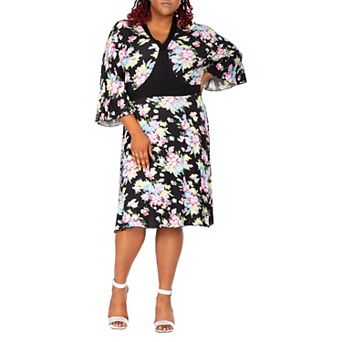 Vienna Women's Plus Size Spring Floral Print Bell Sleeves V Neck Casual Flowy Mini Dress