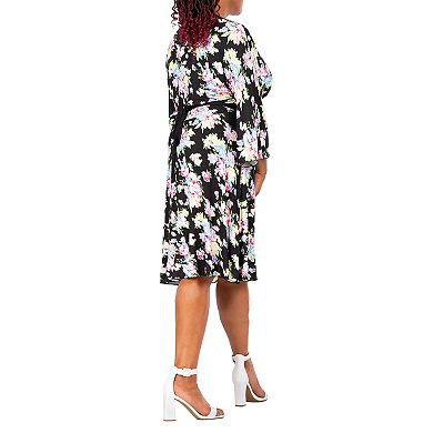 Vienna Women's Plus Size Spring Floral Print Bell Sleeves V Neck Casual Flowy Mini Dress