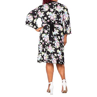 Vienna Women's Plus Size Spring Floral Print Bell Sleeves V Neck Casual Flowy Mini Dress