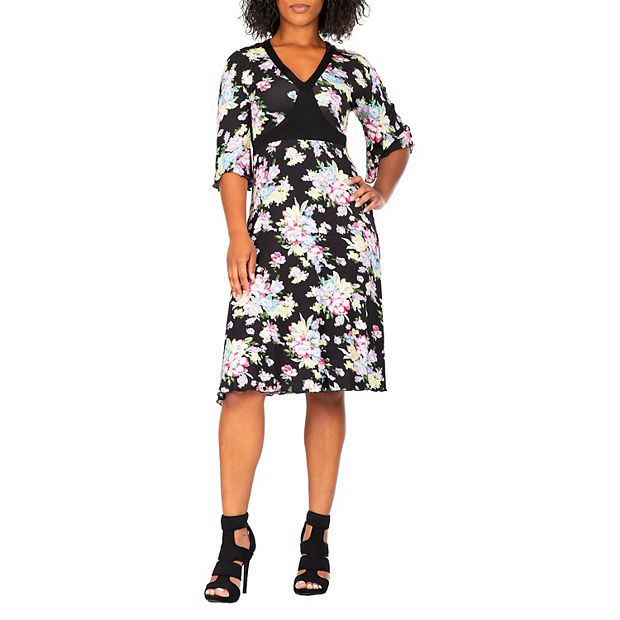 Poetic Justice Women's Spring Floral Print Bell Sleeves V Neck Casual Flowy Mini Dress Size M