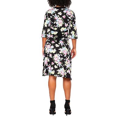 Vienna Women's Spring Floral Print Bell Sleeves V Neck Casual Flowy Mini Dress