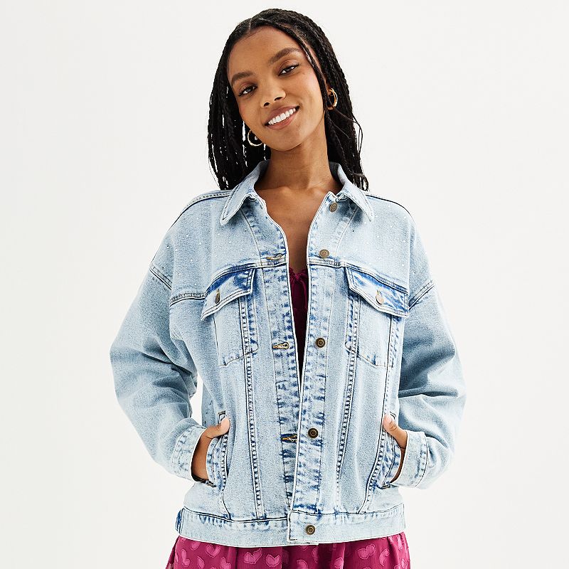 Juniors' SO® Oversized Rhinestone Denim Jacket