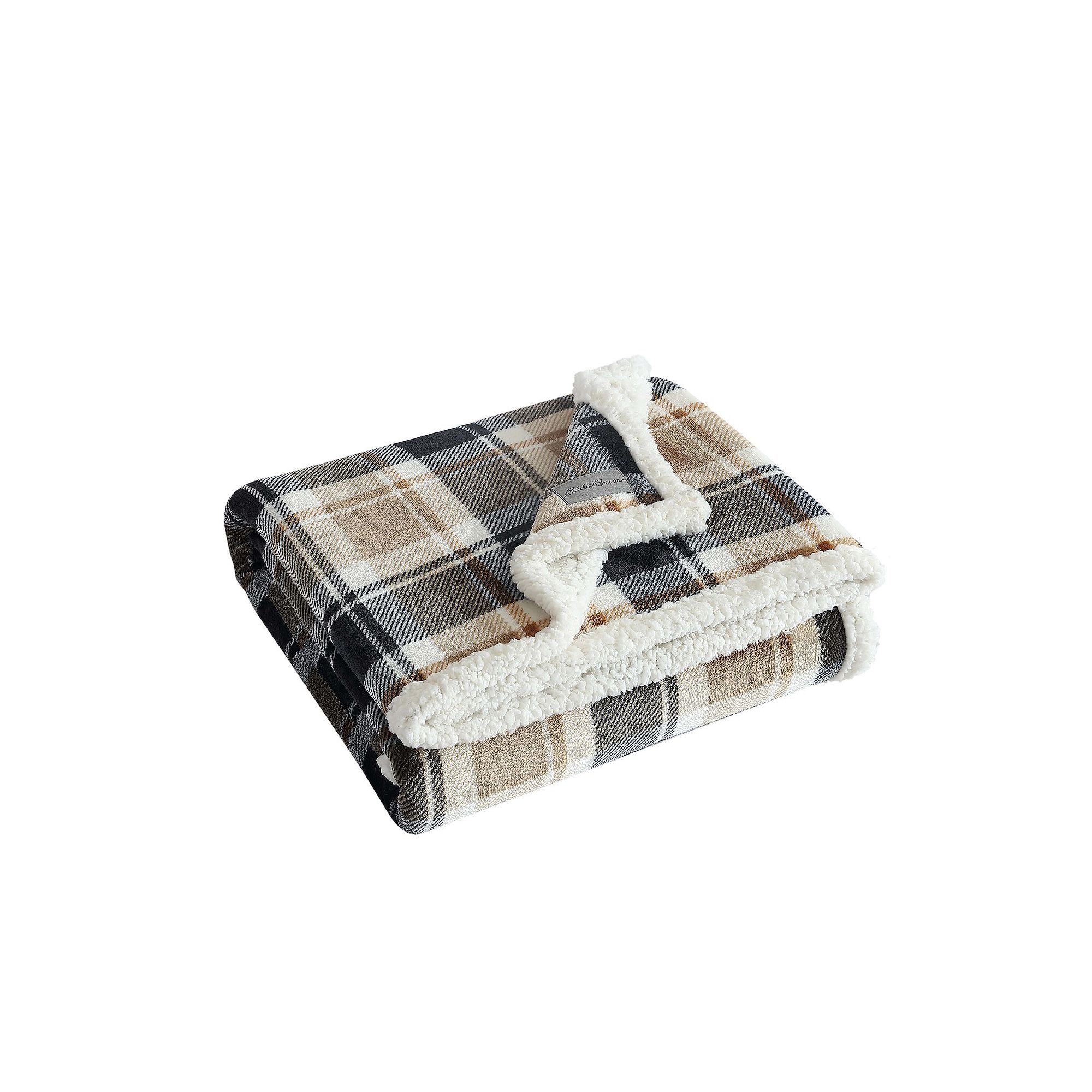 Eddie Bauer Rugged Plaid Sherpa Reversible Throw Blanket, Beige Khaki