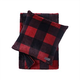 Eddie Bauer Cabin Buffalo Plaid Red Faux Fur Throw & Pillow Set
