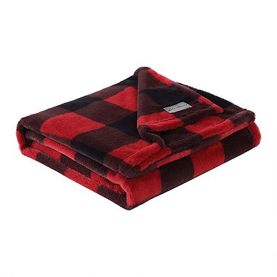 Eddie Bauer Cabin Buffalo Plaid Red Faux Fur Throw & Pillow Set