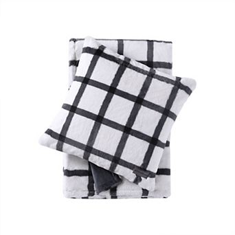 Eddie Bauer Bunkhouse Plaid Gray Faux Fur Throw Blanket & Pillow 2 pc Set