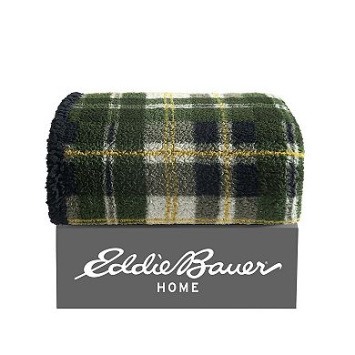 Eddie Bauer Trailhead Green Plaid Sherpa Reversible Throw Blanket