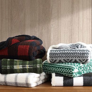 Eddie Bauer Cabin Buffalo Plaid Red Sherpa Reversible Throw Blanket
