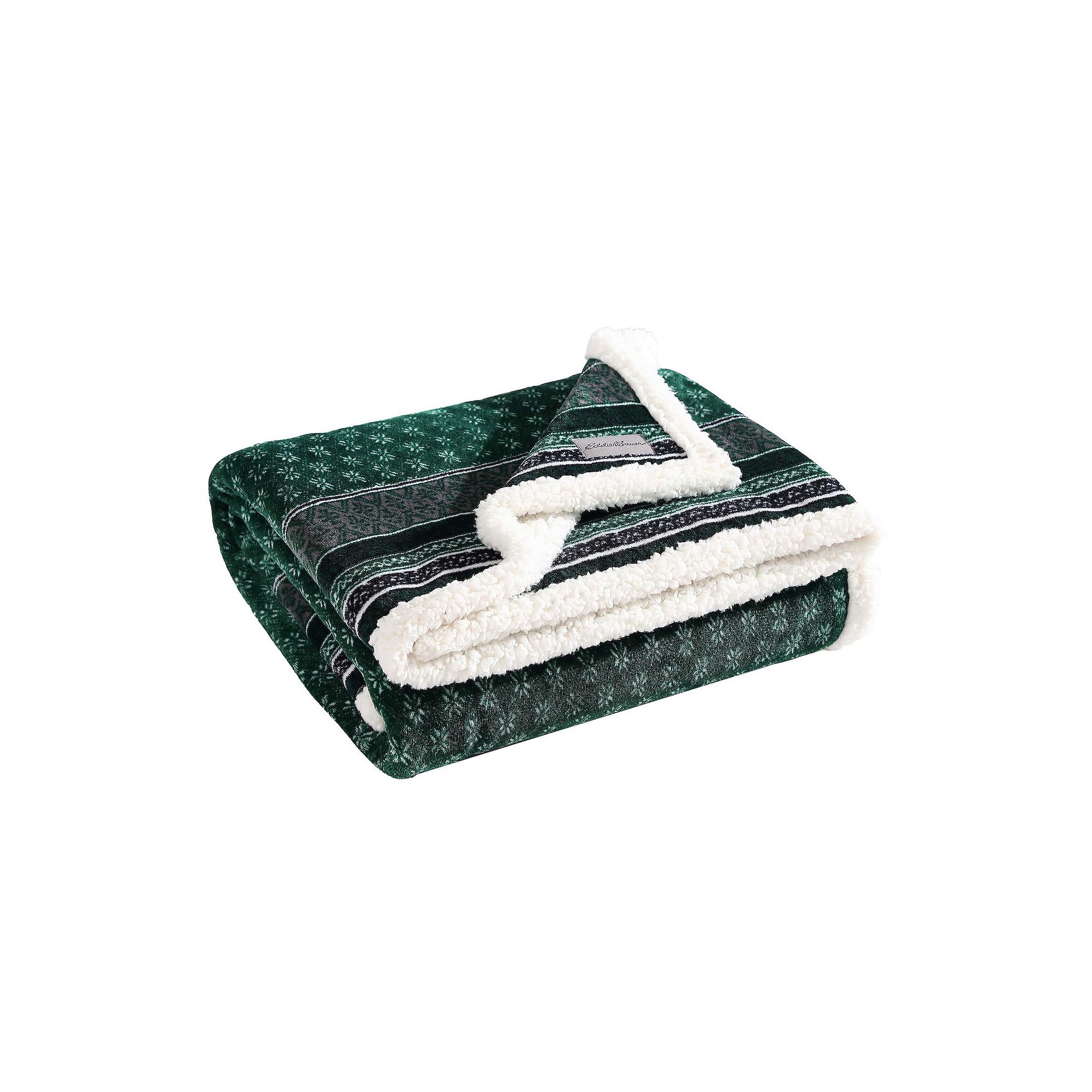 Eddie Bauer Green Fair Isle Sherpa Reversible Throw Blanket