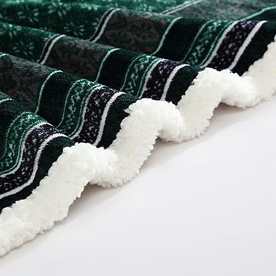 Eddie Bauer Green Fair Isle Sherpa Reversible Throw Blanket