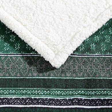 Eddie Bauer Green Fair Isle Sherpa Reversible Throw Blanket
